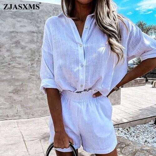 Summer Women Linen Shorts Set 2021 Turn-down Collar Long Sleeve Top Shirt And Shorts Casual Two Pieces Set Loose Outfits Female