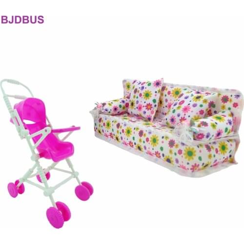 2 Items/Lot = 1x Plastic Baby Stroller Play House + 1x Cloth Sofa Furniture Accessories for Barbie Doll Sister for Kelly Doll