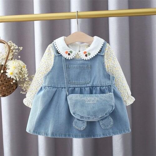 2021 Spring Girls Kids Princess Jeans Overall Dress+Flora Long Sleeve Tops Blouse 2pcs Children Baby Infants Clothes Set S12015