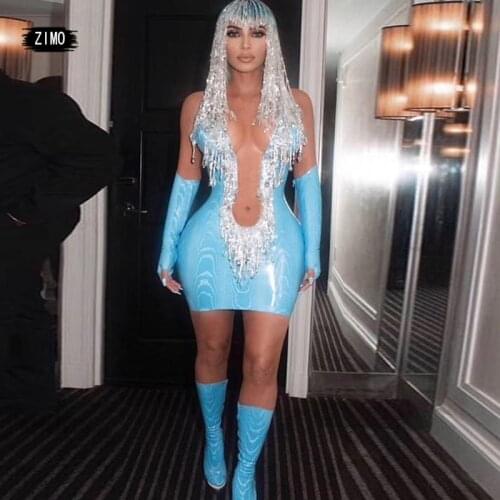 Nightclub Stage Silver diamond Fringe Blue Dress Gloves shoes hairpiece Transparent for Women Dance Outfit bar Birthday designer