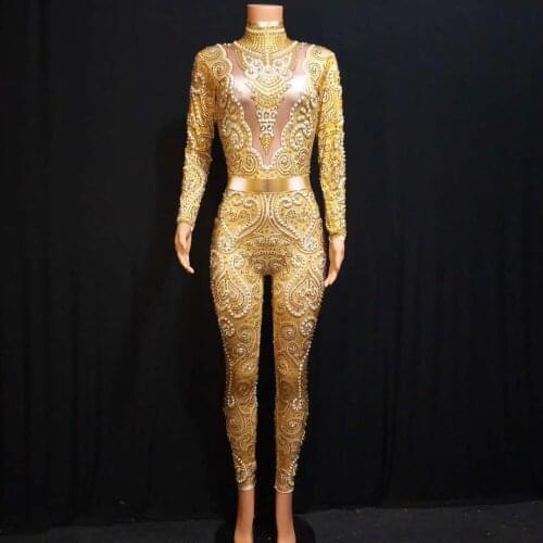 Sparkly Gold Rhinestones Pearls Long Sleeves Jumpsuit Bar Party Bodysuit Women Singer Clothes Birthday Celebrate Outfit DJ1010