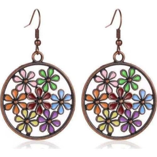 Bohemian Vintage Drop Earrings Ladies Jewelry Fashion Round Hollow Alloy Colorful Flower Earrings for Women Accessory Orecchino
