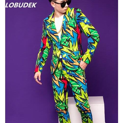 Mens Graffiti Suit Green Printed Blazer And Pants Two Piece Set Nightclub Bar Singer Dancer Concert Stage Performance Clothes