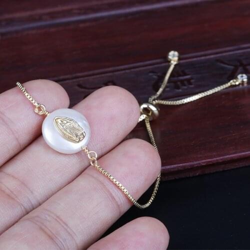 Tiny gold Virgin Mary charm natural freshwater pearl bead connector thin link dainty bracelet for women birthday gift