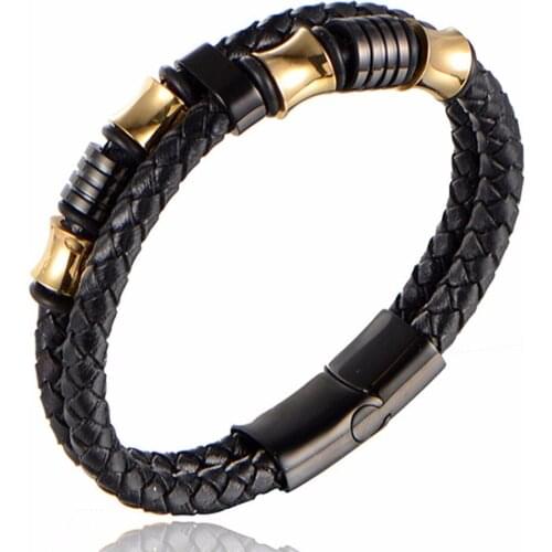 Cool Men Bracelet Bangle Black Leather Gold Stainless Steel Clasp Men Women Fashion Accessories Jewelry 3 Size For Choose