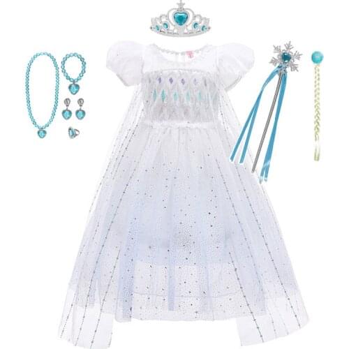 Frozen 2 Costume for Girls Princess Elsa Dress White Sequined Mesh Ball Gown Snow Queen Cosplay Halloween Birthday Party Clothes