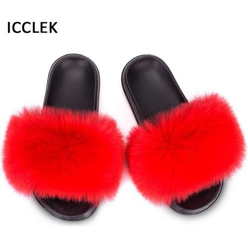 Furry Fox Fur Slides Women Imitation Faux Fur Slippers Woman Indoor Shoes Plush Flip Flops Sandals Ladies Summer House Slippers