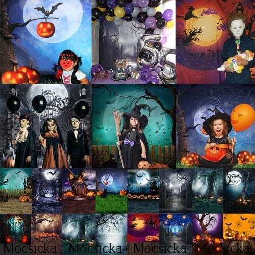 Mocsicka Polyester Halloween Backdrop Pumpkin Gothic Scary Graveyard Castle Night Moon Party Portrait Photo Studio Backgroud