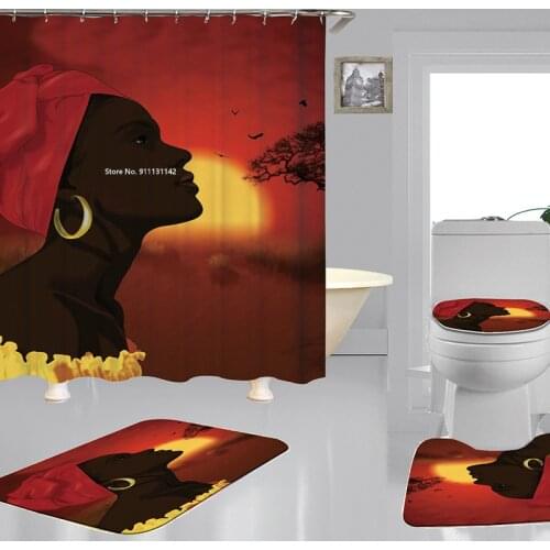 Fashion Creative Women Digital Printing Polyester Waterproof Shower Curtain Bathroom Non-slip Bath Mat Toilet Seat 4-piece Set
