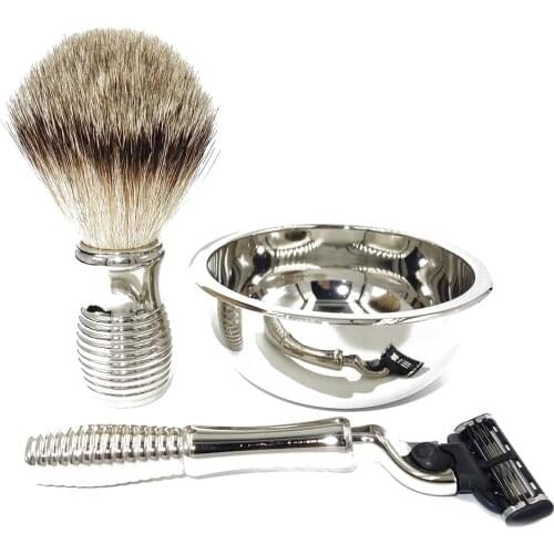 WLONG Silver Tip Pure Soft Honey Badger Hair Men Cosmetic Shaving Brush Set with Soap Lather Mug Bowl for Beard Grooming Tool