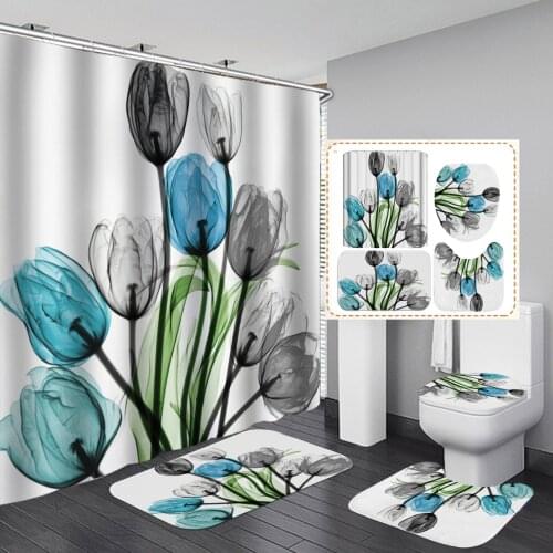3D Floral Flowers Printed Shower Curtain Set With Rug Anti-slip Carpet Bathtub Toilet Screen Waterproof Bathroom Decor With Hook