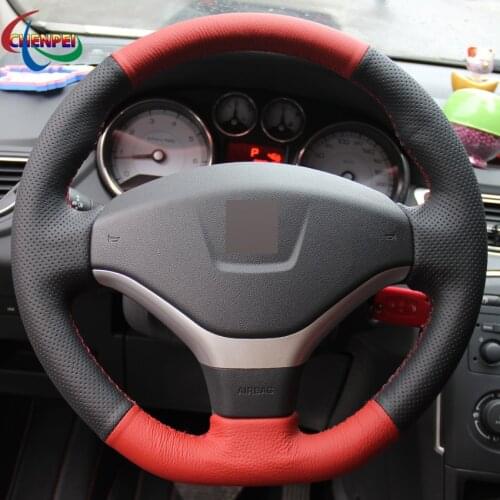 DIY Hand-stitched Non-slip Red Black Leather Steering Wheel Cover For Peugeot 308 2012-2015 408 2013 Car Interior Accessories