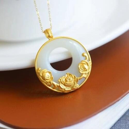 Natural Hetian Jade Safety Buckle Pendant Jade S925 Sterling Silver Gold-Plated Fish Lotus Necklace Female Gift for Elders