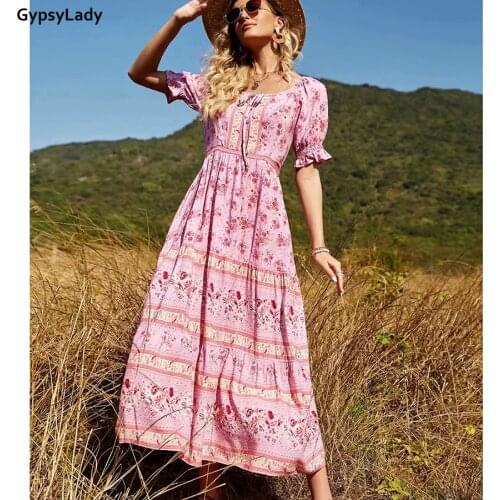 GypsyLady Pink Floral Boho Maxi Dress Summer Spring Women Holiday Casual Dress V-neck Sexy Sashes Ruffles Lady Female Dress New