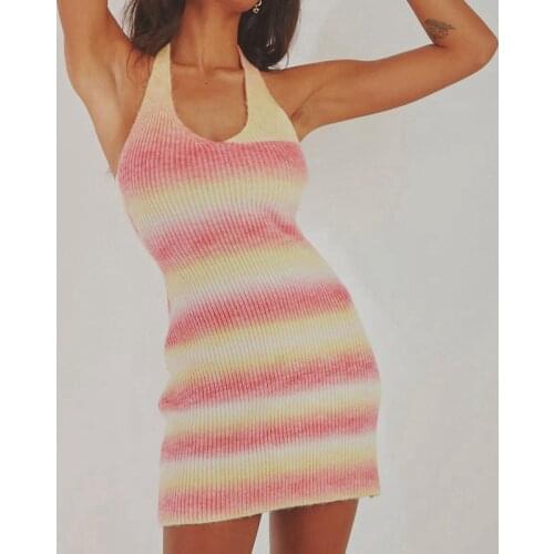 Beach Style Striped Printed Knitted Dress Chic Women Elegant Lady Summer Halter Mini Dress Backless Slim Fit Bodycon Streetwear