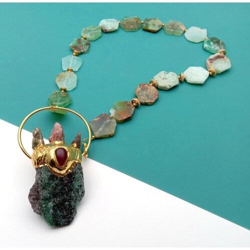 YYGEM Natural Emerald Rough Pendant 17" Natural Green Chrysoprase Hexangular Shape Necklace