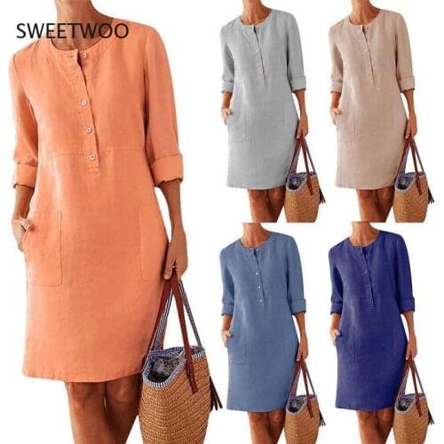 Cotton Linen Long Sleeve O-Neck Knee Dresses for Women Pocket Solid Fashion Party Dress White Black Plus Size Ruched Dress