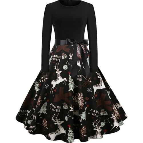 Women Christmas Dresses 2021 Elegant Print High Waist Knee-Length Party Sundress Long Sleeve Autumn Winter Clothing for Female