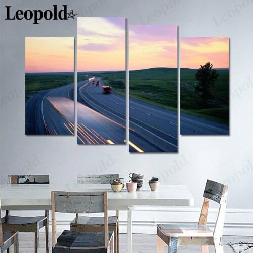 Nordic Sunset Road Landscape Canvas Poster Colorful Clouds Plain Painting Wall Art 4 Pieces of Modern Home Decoration Accessorie