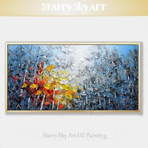 Thick Paints Hand-painted Modern Abstract Colorful Birch Oil Painting on Canvas Textured Knife Painting Birch Tree Oil Painting