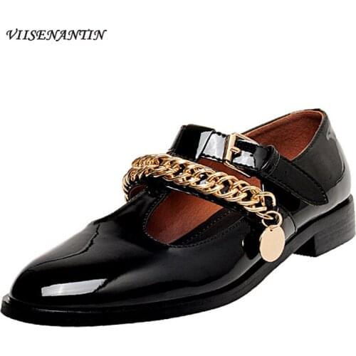 Vintage black leather shoes female British style patent leather metal chain Mary Jane round toe flat shoes