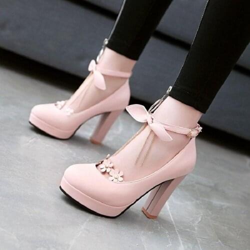 Spring Princess shoes Rough heel female Japanese Lolita sweet flowers Bowknot girl Cosplay Lolita High Heel Student Shoes