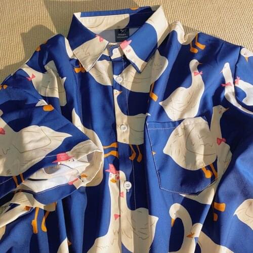 2021 Vintage plus size shirt niche American retro oversize personality kawaii goose print men women blue short-sleeved blouse