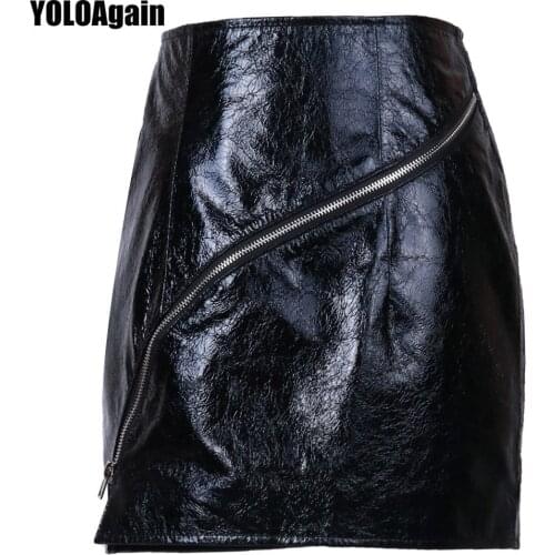 YOLOAgain Women Genuine Leather Skirt A-line Zipper Black Shiny Sheepskin Mini Skirt
