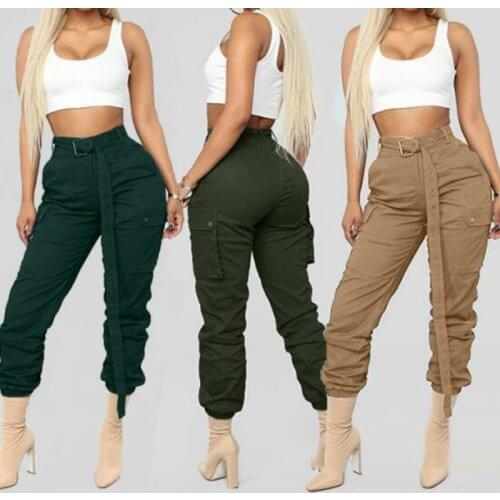 2019 Brand New Classic Fashion Women Pants High Waist Belted Cargo Pants Streetwear Casual Camo Pants Sweatpants Pantalones