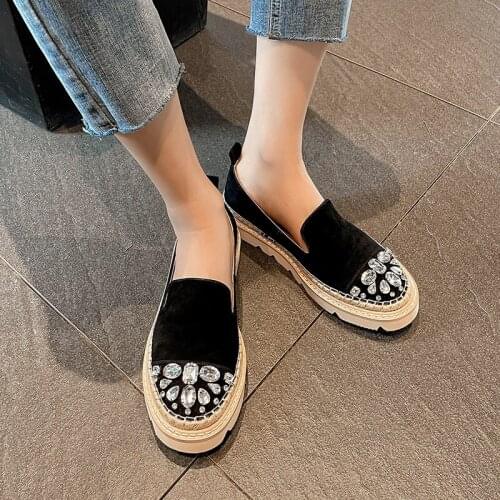 Woman Flats Goth Shoes Womens Loafers 2021 Spring Flat Shoes Crystal Autumn Footwear Designer Slip-on Woman Moccasins Platforms