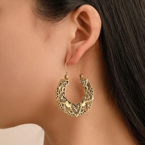 Golden Silver Plated Arc Ethnic Style Retro Hollow Carving Geometry Metallic Alloy Dangle Earrings & Drop Earrings for Women