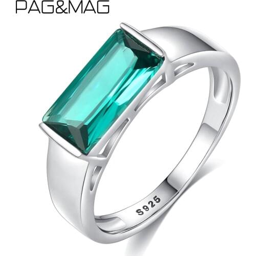 PAG&MAG Created Rectangle Russian Nano Emerald Ring For Women Real Sterling 925 Silver Korean Engagement Ring Jewelry SR0152