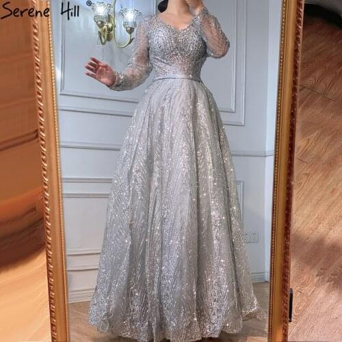 Serene Hill Luxury Grey V-Neck Evening Gown For Women 2021 A-Line Beadings Long Sleeves Formal Party Dress CLA70819