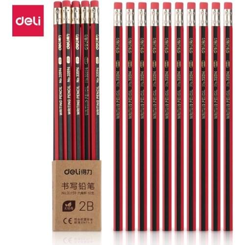 10 pcs / box Deli 33159, advanced hexagonal log graphite 2B rubber pencil, writing pen, non-toxic student office stationery