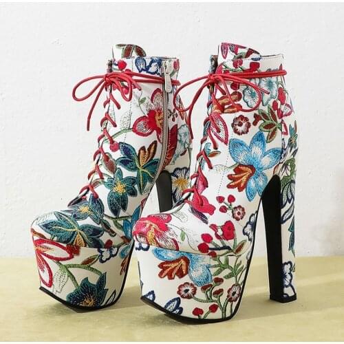 17CM US4-12 Womens Platform Pointed Toe Embroidery Floral Ankle Boots Block Super High Heel Lace Up Sexy Shoes Plus Size 3Colors