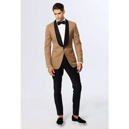 2 Pieces Shawl Lapel Beige Groom Wear One Button Wedding Groom Tuxedos Men Suits Prom Dinner Best Man Blazer(Jacket+Pants+Tie)