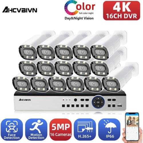 4K 16CH AHD DVR IP66 Ourdoor Full Color Night Motion Detection Security System Set 5MP CCTV Video Surveillance Camera System Kit