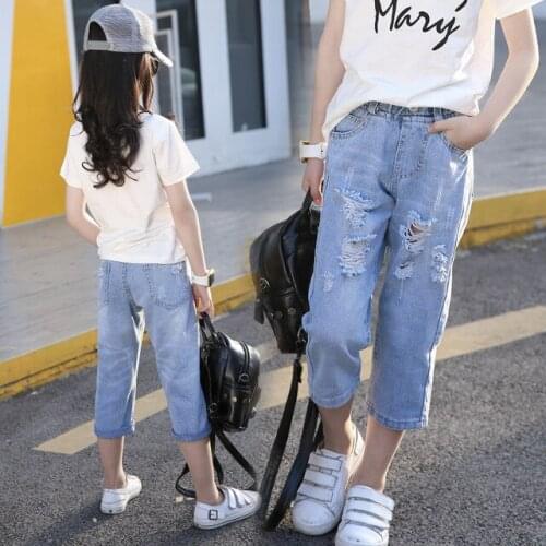 2 3 4 5 6 7 8 9 Years Girls Pants Casual Ripped Calf-length Denim Pants Summer Big Girls Jeans Elastic Waist Children Pants New