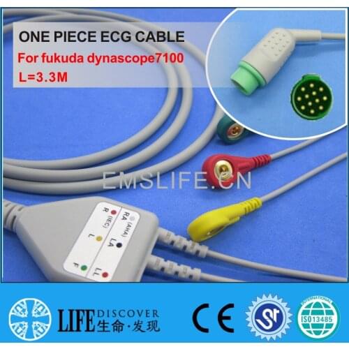 One piece ECG cable with 3 snap lead wires For fukuda dynascope7100 patient monitor