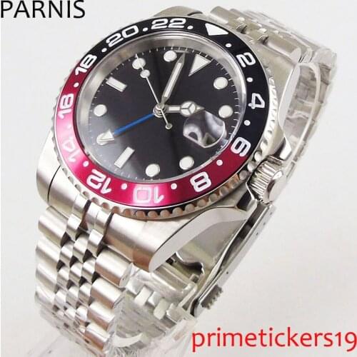 Black red bezel automatic 40mm PARNIS sterile black dial date sapphire glass GMT mens watch PA1186