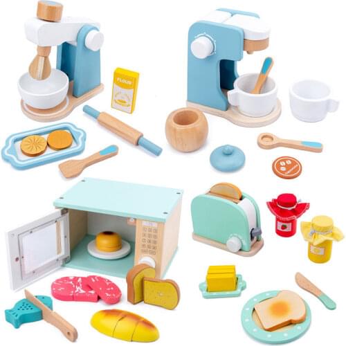 Kid Simulation Kitchen Pretend Toy Macaron Wooden Simulation Kitchen Bread Machine Coffee Machine Play House Pretending Play Toy
