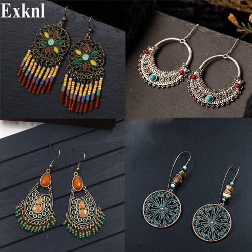 Exknl Vintage Ethnic Dangle Drop Earrings for Women Female Anniversary Bridal Party Wedding Jewelry Ornaments Accessories