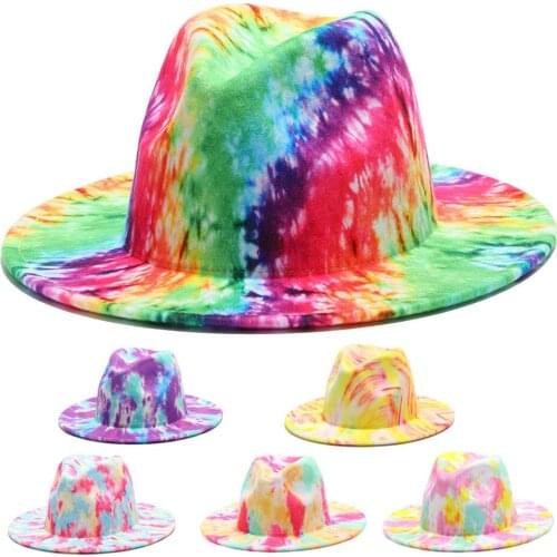 Fedora hats tie dye print wide brim jazz cap multicolor red green felted hats men women spring winter vintage outdoor women hats