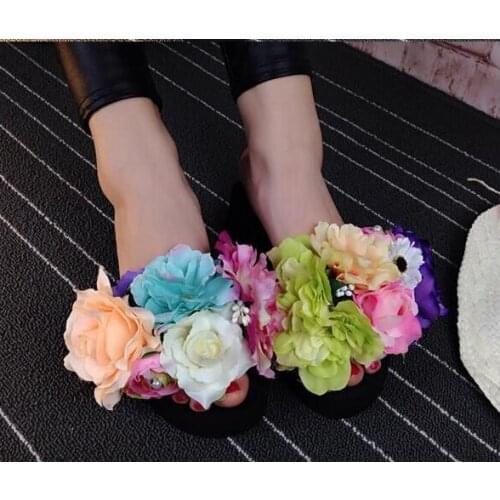 HAHAFLOWER Women Flowers Wedges Flip Flops Sweet Flower Slippers Woman Sandals Platform Shoes Beach Flip-flops Slippers