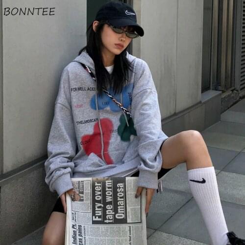 Hoodies Womens Loose Front Pocket Print Creativity Chic Casual All-match Streetwear Feminino Sweatshirts Ulzzang Stylish Daily