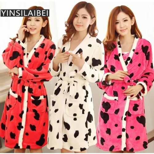 2017 Winter Flannel Robe Set for Women, Ladies Two-Pieces Long Sleeve Milk Cow Print Bridesmaid Robes Kimono Nightwear SR020#25
