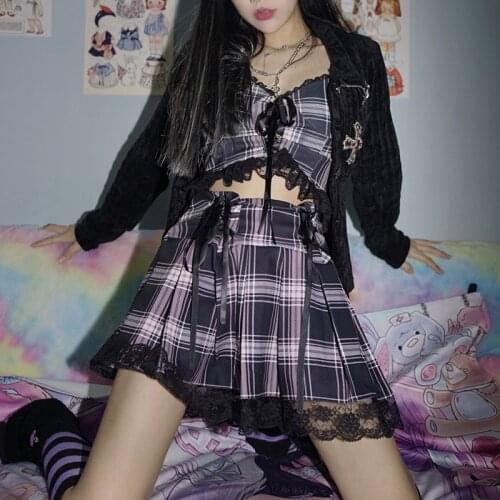 Japanese Harajuku Hot Girl Gothic Punk Lace Tube Top Pleated Plaid Skirt Set High-waisted Mini Black Pink Sweet 2pcs Suit Summer