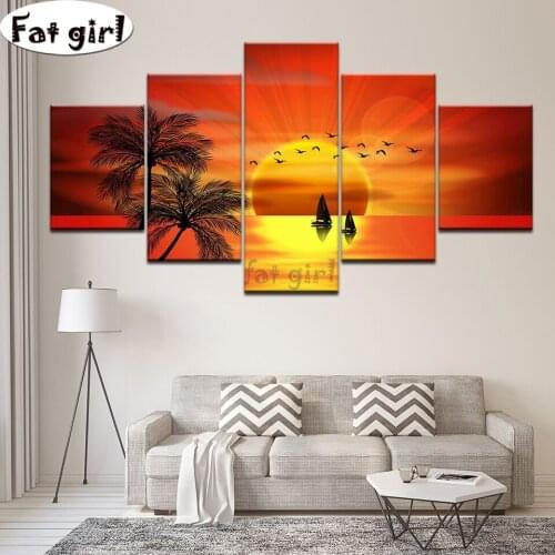 Square round Diamond Painting Sunshine, sailboat, coconut tree Picture Rhinestones Embroidery Stunning scenery Mosaic Crafts