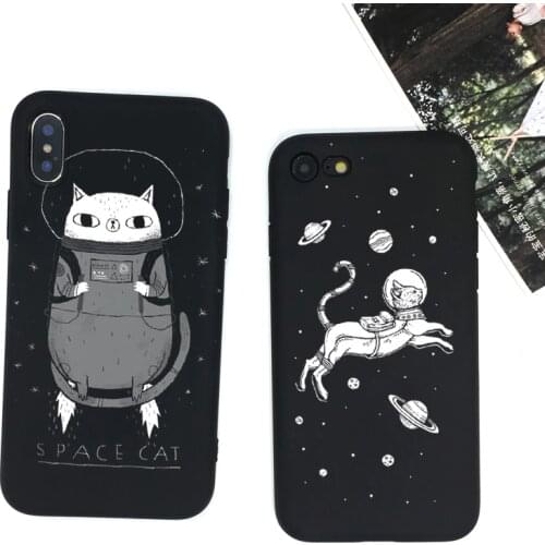 QaQsam Cute Cartoon Space Cats Phone Case For iPhone X Case For iPhone6 6S 7 8 Plus Black White Animal Flower Cover Capa