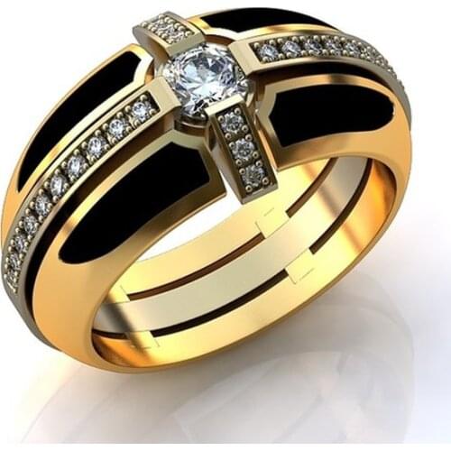 Fashion Gold Color Rhinestone Man Wedding Rings Classic Black Enamel Rings For Men Wedding Engagement Party Ring Gifts